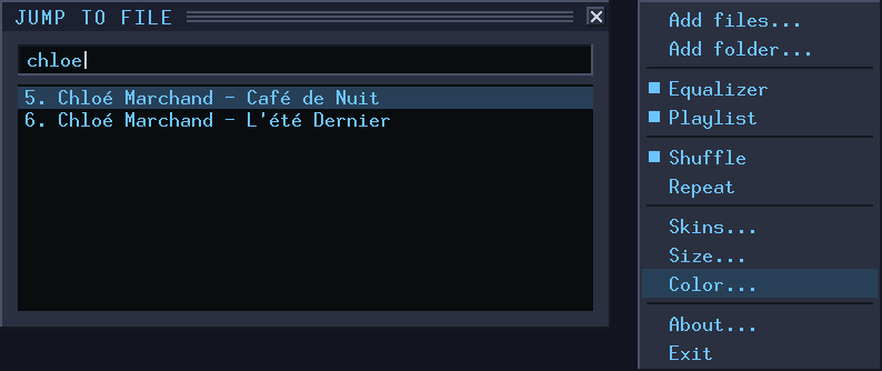 Finding a track by typing part of its name, and the menu