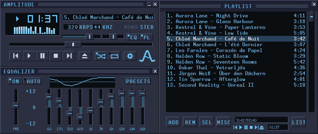 The Amplitude main window, equaliser and playlist, in light blue on dark